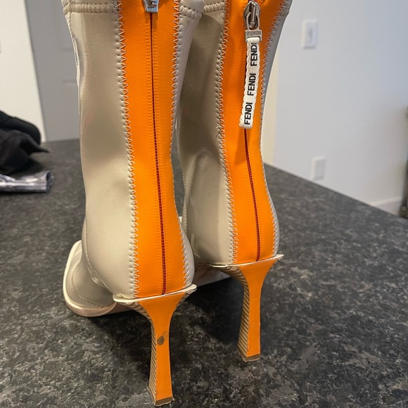 FENDI Ankle Boots Beige Orange Neoprene FFRAME Zipper Wood Heels 38.5 - Picture 7 of 8